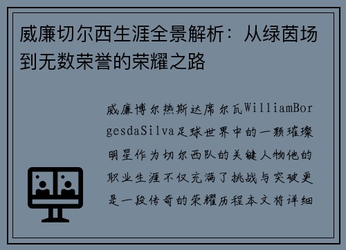 威廉切尔西生涯全景解析：从绿茵场到无数荣誉的荣耀之路
