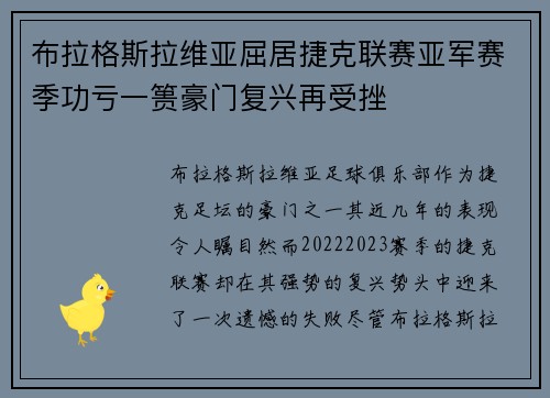 布拉格斯拉维亚屈居捷克联赛亚军赛季功亏一篑豪门复兴再受挫